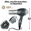 A hairdryer and its accessories are shown with various dimensions and weight indicated. Anteprima dell’immagine prodotto