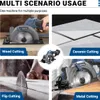 A collage of images showing a cordless circular saw being used for different cutting tasks: wood, ceramic, and metal. It also shows a close-up of the saw and a separate image of ceramic tiles. Produktbild-Vorschau