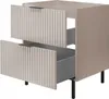 A beige matte bathroom cabinet with two drawers pulled out, showing the interior. Produktbild-Vorschau