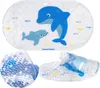 A collage of images showing a baby bath mat with dolphins and fish, a close-up of the suction cups, and a partially rolled-up mat. Produktbild-Vorschau
