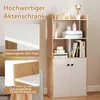 A bookshelf with two doors at the bottom, displaying books and decorative items on its shelves. Insets highlight material quality. Produktbild-Vorschau