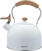 A white kettle with a wooden handle is shown against a white background. Podgląd zdjęcia produktu
