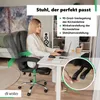 A woman is sitting at a desk using a laptop, with a chair next to her. The image highlights the chair's features. Produktbild-Vorschau