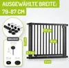 A black metal safety gate with various dimensions and included accessories shown. Produktbild-Vorschau
