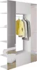 A white wardrobe with a mirrored door, showing a yellow jacket and two gray jackets hanging inside. Produktbild-Vorschau