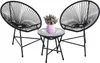A black rattan chair and table set with a vase of flowers on the table, isolated on a white background. Náhled obrázku produktu