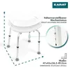 A white shower stool with adjustable legs, shown with a close-up detail of the height adjustment mechanism and dimension indicators. Podgląd zdjęcia produktu