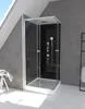 A modern shower cabin with black glass panels and silver fixtures, set in a bathroom with gray tiled walls and white tiled floor. Produktbild-Vorschau