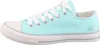 A side view of a single aqua sneaker with white laces and sole. Produktbild-Vorschau