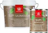 Two containers of Tikkurila Supi Saunasuoja, one larger bucket and one smaller can, are shown against a white background. Náhled obrázku produktu
