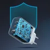 A transparent charger is shown with its internal circuit board exposed, superimposed over a blue shield graphic. Náhľad obrázku produktu