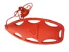 An orange rescue buoy with a rope and strap, lying on a white background. Produktbild-Vorschau