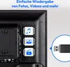 The back of a TV showing USB ports and icons representing media playback, with a USB stick pointing towards the ports. Produktbild-Vorschau
