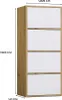 A tall, narrow cabinet with four white doors and a wood-grain frame, shown with dimensions indicated by text overlays. Náhled obrázku produktu