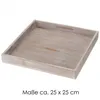 A square wooden tray with a distressed gray finish is shown from a slightly elevated angle against a white background. Produktbild-Vorschau