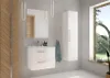 A modern bathroom vanity with a mirror and a tall cabinet, next to a large window. Produktbild-Vorschau