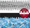 A close-up of a shredder's cutting mechanism and a pile of shredded paper. Produktbild-Vorschau