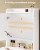 Interior view of a white vanity cabinet with adjustable shelves and makeup products on a lower shelf. Voir les images du produit
