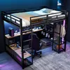 A loft bed with an integrated desk and storage, illuminated by LED lights. Voir les images du produit