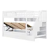 A white bunk bed with an open mattress base, revealing storage underneath. The bed has stairs with shelves integrated into them. Náhľad obrázku produktu
