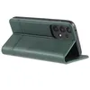 A green leather flip case for a smartphone is shown from a side angle, with the phone inserted and the case partially open. Produktbild-Vorschau