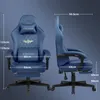 Two views of a blue gaming chair with dimensions indicated by lines and text. Produktbild-Vorschau