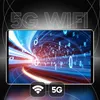 A tablet displaying a futuristic digital landscape with binary code, set against a dark, abstract background with text and icons related to 5G and WiFi. Podgląd zdjęcia produktu