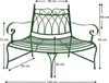 A diagram of a green metal garden bench with dimensions indicated by arrows and text. Náhľad obrázku produktu