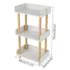 A 3-tier shelving unit with white shelves and light brown wooden legs, shown with dimensions indicated by text overlays. Produktbild-Vorschau