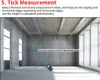 An interior view of a concrete building with a laser measuring device on the floor, demonstrating a measurement process. Produktbild-Vorschau