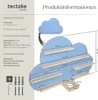 An informational graphic showing a cloud-shaped wall shelf with dimensions and assembly instructions. Produktbild-Vorschau