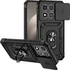 A black phone case with a ring holder and a sliding camera cover is shown from multiple angles. Produktbild-Vorschau