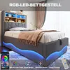 A bed frame with integrated LED lighting and shelving in a bedroom setting. Náhľad obrázku produktu