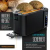 A black toaster with two rolls on top, presented with overlaid text and graphics highlighting its features. Produktbild-Vorschau
