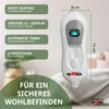 A close-up marketing image of a heating controller with feature callouts. Produktbild-Vorschau