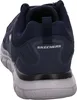 The back view of a navy blue Skechers athletic shoe. Voir les images du produit