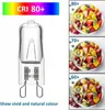A G9 halogen lamp is shown next to three bowls of fruit, each labeled with a different CRI rating (80+, 70+, 60+). Produktbild-Vorschau