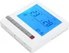 A white thermostat with a blue LCD screen displaying temperature and time, set against a white background. Voir les images du produit