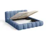 A blue upholstered bed frame with the mattress support mechanism open, revealing storage space underneath. Voir les images du produit