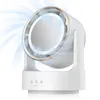 A white desk fan with a rotating head and blue air currents emanating from it, set against a white background. Produktbild-Vorschau