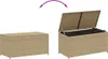 A beige poly rattan storage chest is shown in two states: closed and open, with an arrow indicating the opening action. Náhled obrázku produktu
