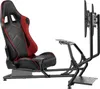 A racing simulator cockpit with a black and red seat, a monitor mount, and a pedal plate, shown against a white background. Anteprima dell’immagine prodotto