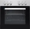A front view of a stainless steel and black built-in oven with a glass door and a wire rack inside. Produktbild-Vorschau