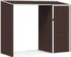 A brown metal firewood storage shed with a white frame, shown from the front with the doors closed. Produktbild-Vorschau