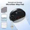 A robot vacuum cleaner is shown from underneath, with a mop pad attached, cleaning a dirty surface. Inset images highlight the mop pad's quality, washability, and ease of use. Produktbild-Vorschau