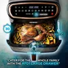 An air fryer with a roasted chicken and fries inside, with marketing text and icons overlaid. Produktbild-Vorschau