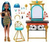 A Monster High doll with accessories and a vanity set, presented on a white background. Podgląd zdjęcia produktu