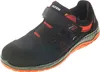 A black and red safety shoe with an orange sole, shown from a side-front angle against a white background. Produktbild-Vorschau