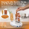 A hand is placing a hot dog into a hot dog maker which also appears to be an egg cooker. There are hot dog buns and bread rolls in the foreground. Podgląd zdjęcia produktu