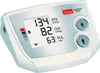 A white digital blood pressure monitor with a screen displaying readings and buttons for user selection. Produktbild-Vorschau